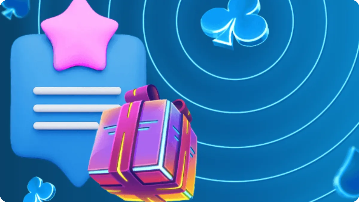 Illustration mit Geschenk, Sternsymbol und Kartenzeichen – Werbung für zusätzliche Win Spirit Angebote und Freispiele für Bewertungen