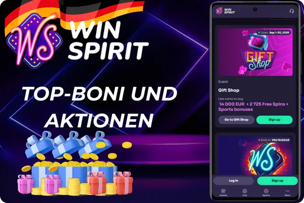 Werbegrafik der Win Spirit App mit Geschenken, Münzen und Smartphone-Bildschirm – Top-Boni und Aktionen für Spieler in Deutschland