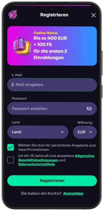 Winspirit Casino Konto erstellen